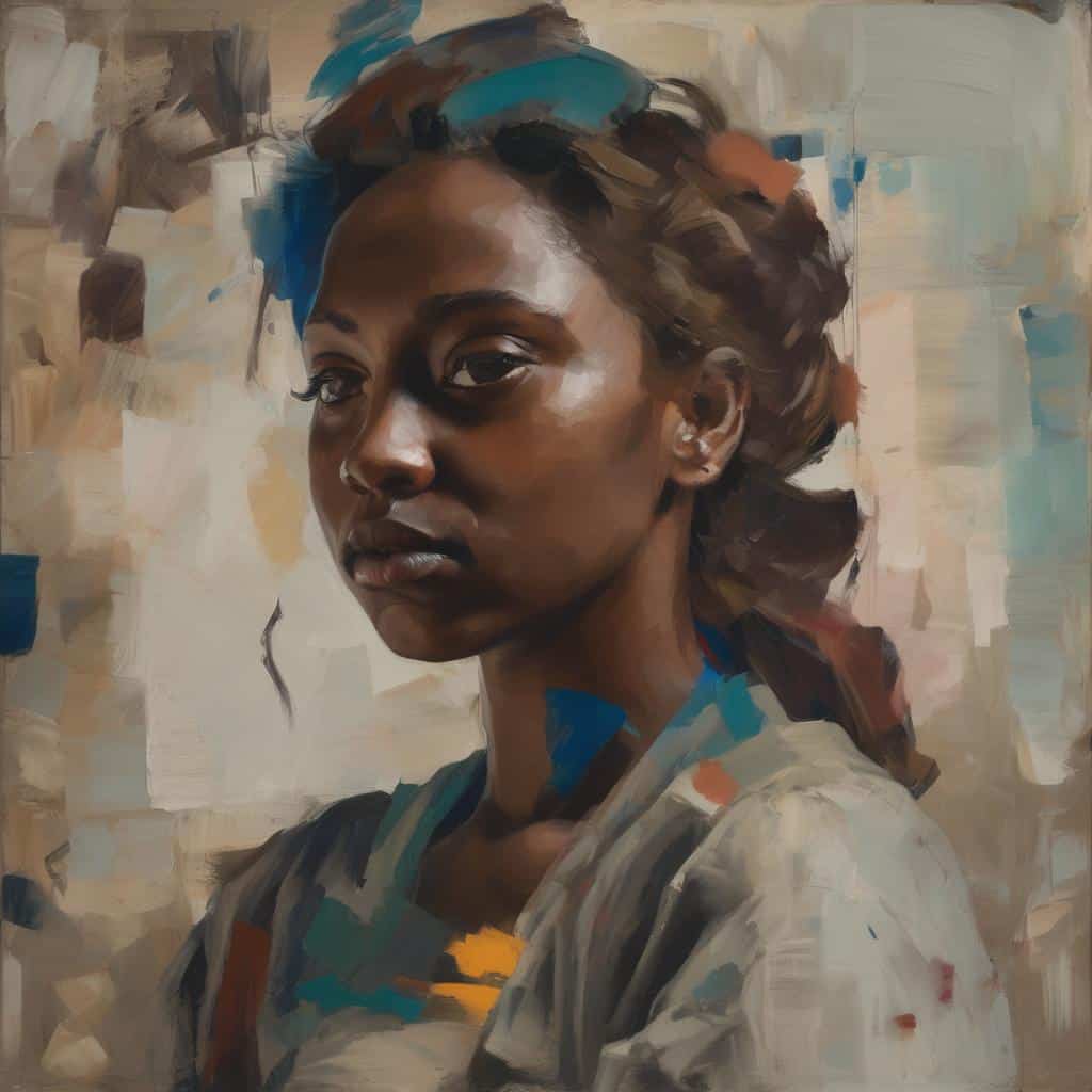 Ζωγραφική πορτρέτου γυναίκας με σύγχρονη τέχνη, έμφαση στην οπτική ισορροπία και εκφραστικότητα, με έντονες πινελιές και θερμές αποχρώσεις.