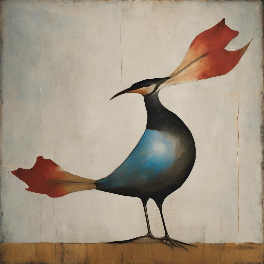 Φωτογραφία ενός πίνακα με τέχνη της οπτικής ισορροπίας, απεικονίζει ένα τρικαστέρ με φτερά σε χρώματα του κόκκινου και του μπλε, με αρμονική σύνθεση και δυναμική ροή.