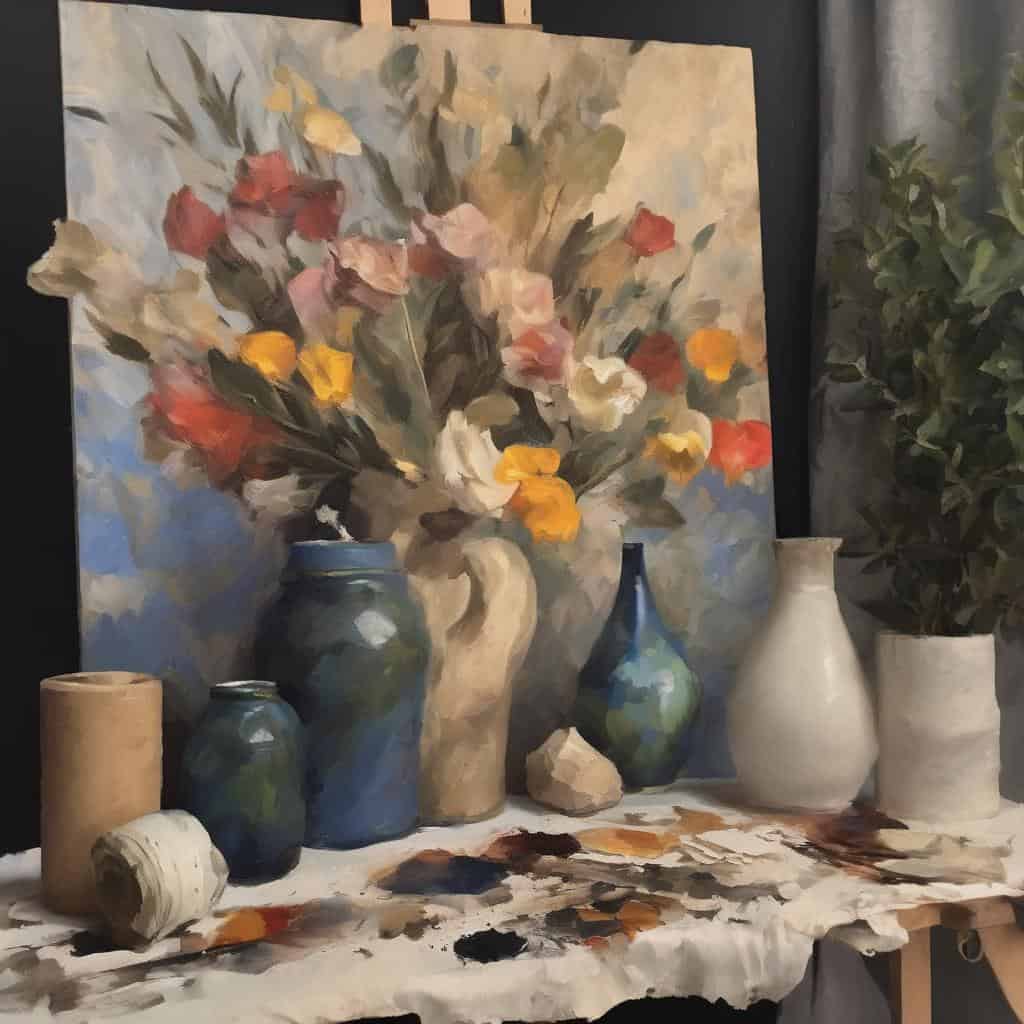 Χωρίς όνομα, όμορφο έργο τέχνης με συνθέσεις από λουλούδια και κεραμικά βάζα σε ζωγραφικό ύφος, αναδεικνύοντας την οπτική ισορροπία και την τέχνη της σύνθεσης.