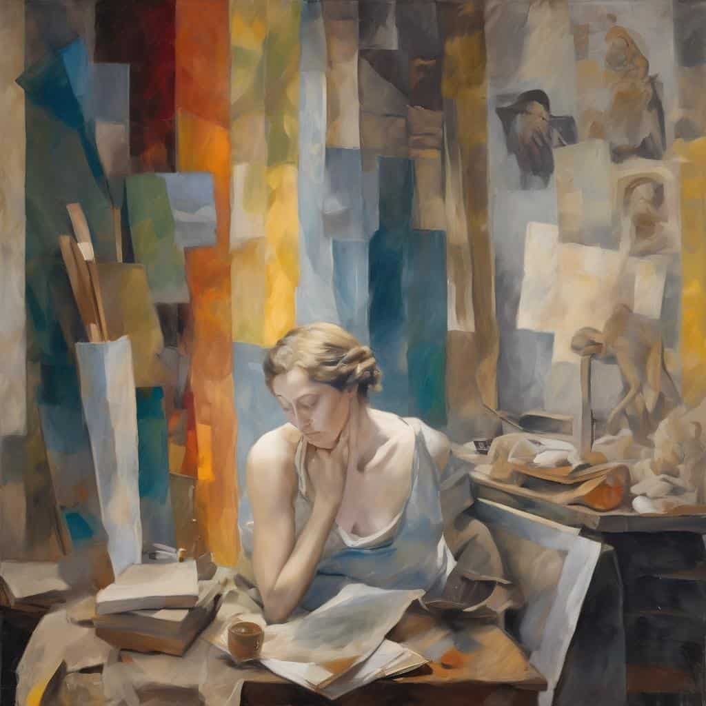 Ζωγραφική ώριμη γυναίκα σε στούντιο τέχνης με αφηρημένα πολύχρωμα φόντα, δημιουργικότητα και καλλιτεχνική έμπνευση, τέχνη οπτικής ισορροπίας, εσωτερικό χώρο καλλιτεχνικής εργασίας, πορτρέτο καλλιτέχνη, εικαστικές δημιουργίες, ανθρώπινη συγκέντρωση και έμπνευση, τέχνη και δημιουργία.