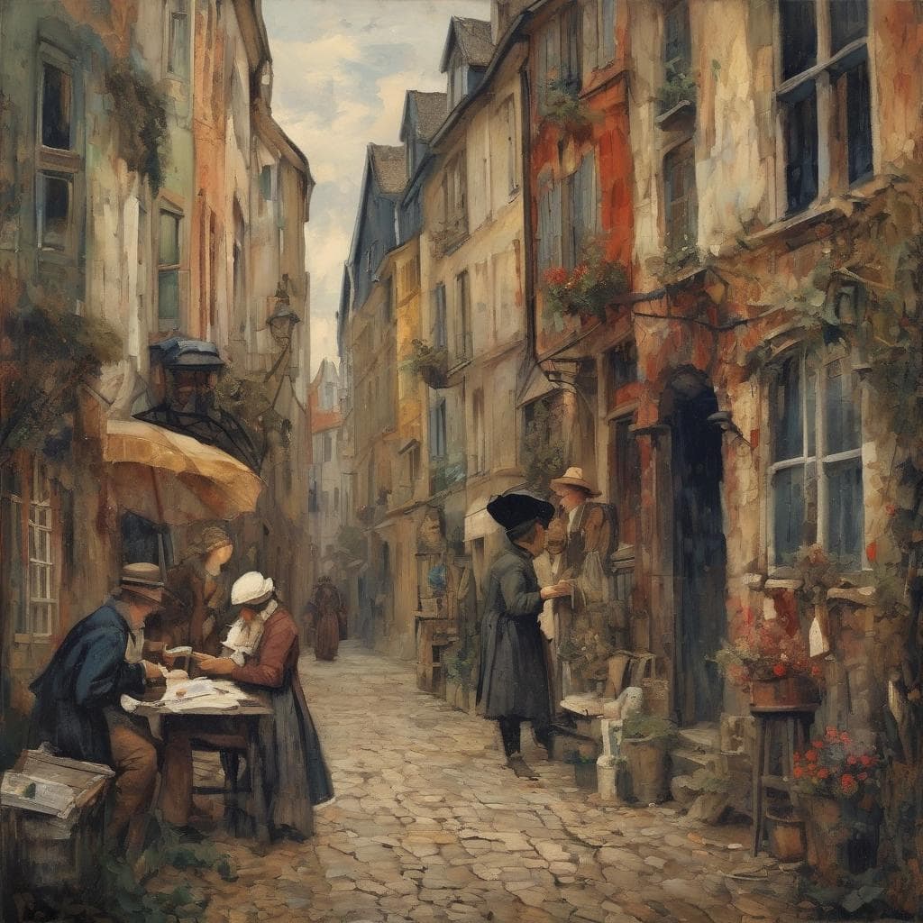 Ζωγραφική εικόνα από την τέχνη της οπτικής ισορροπίας σε αστικό τοπίο, με ανθρώπους περπατώντας και διαβάζοντας σε μια γραφική γωνιά με πολύχρωμα κτίρια.