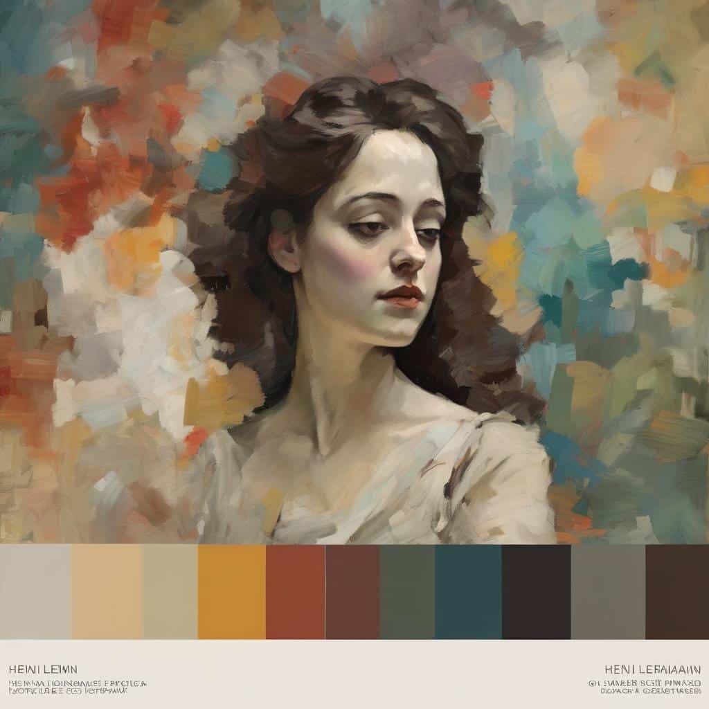 ζωντανή πορτρέτο ζωγραφική, κομψή γυναίκα με γκριζοπράσινα μάτια, καστανά μακριά μαλλιά, καλαίσθητη έκφραση, σε αφαιρετικό και ζωηρό φόντο με έντονες πινελιές χρωμάτων, τέχνη της οπτικής ισορροπίας, μοντέρνα τέχνη, αισθητική και εκφραστικότητα, πίνακας ζωγραφικής, σύγχρονη τέχνη με έμφαση στη σύνθεση.