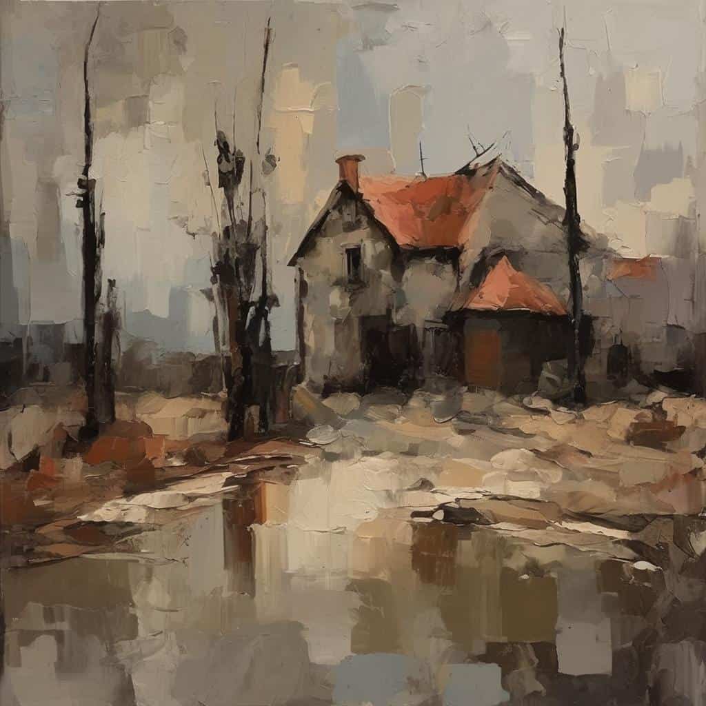 Ρωσικό ελαιογραφία με παλιά κατοικία και γέφυρα, τέχνη της οπτικής ισορροπίας, ζωγραφική τοπίου με έμφαση στη δομή και αρμονία, ατμόσφαιρα με φυσικά χρώματα και παλίμψηστα στοιχεία.